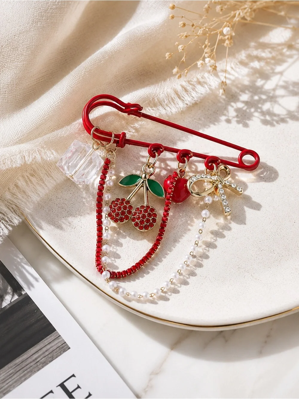 Multi Charm Red Safety Pearl Pin Brooch